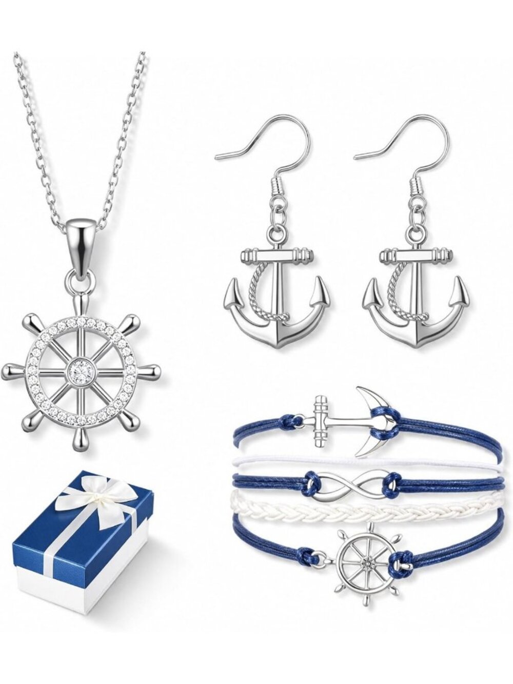 Nautical Anchor Jewelry Set: Necklace, Earrings & Bracelet Gift Box for Women